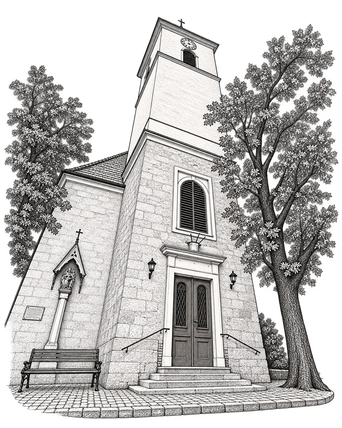 Zeichnung der Pfarrkirche Bad Fischau-Brunn